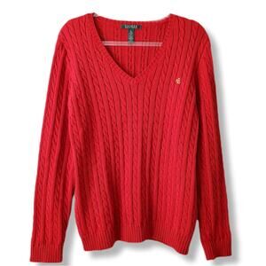 Women Ralph Lauren Red Cotton V Neck Cable Knit Sweater L Classic Preppy Holiday